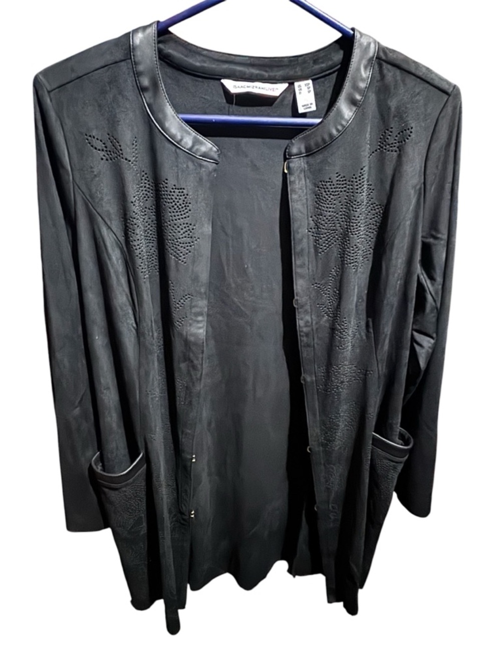 Isaac mizrahi Black Leather-Trim Perforated Floral Long Jacket